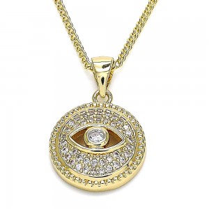 Gold Filled Pendant Necklace Greek Eye Design With White Micro Pave Polished Finish Golden Tone