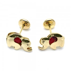 Gold Filled Stud Earrings Elephant Design With Garnet Cubic Zirconia Polished Finish Golden Tone