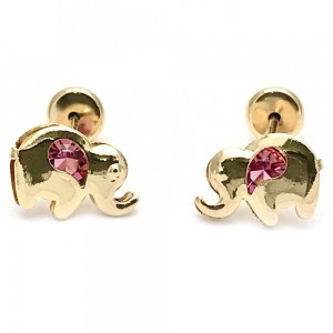 Gold Filled Stud Earring Elephant Design With Pink Cubic Zirconia Polished Finish Golden Tone