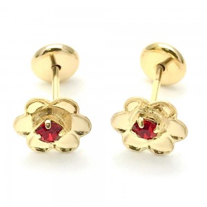 Gold Filled Stud Earring Flower Design With Garnet Cubic Zirconia Polished Finish Golden Tone