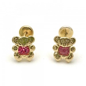 Gold Filled Stud Earrings Teddy Bear Design With Pink Cubic Zirconia Polished Finish Golden Tone
