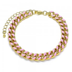 Gold Filled Basic Bracelet Miami Cuban Design Pink Enamel Finish Golden Tone