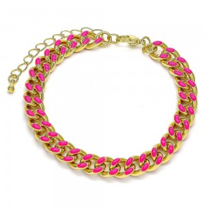 Gold Filled Basic Bracelet Miami Cuban Design Hot Pink Enamel Finish Golden Tone