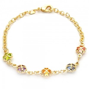 Gold Filled Fancy Bracelet Flower and Heart Design With Lavender and Pink Crystal Polished Finish Golden Tone