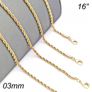 Gold Finish 16" Basic Necklace Rope Design Polished Golden Tone
