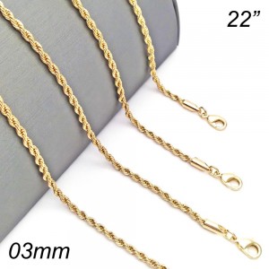 Gold Finish 22" Basic Necklace Rope Design Polished Golden Tone
