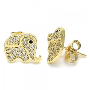 Gold Filled Elephant Design Stud Earrings With White and Black Micro Pave Polished Finish Golden Tone