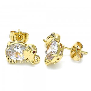 Gold Filled Stud Earrings Elephant Design With White Cubic Zirconia and Garnet Micro Pave Polished Finish Golden Tone