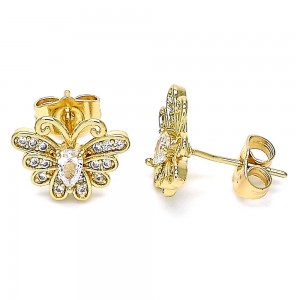 Gold Finish Stud Earring Butterfly Design with White Cubic Zirconia and White Micro Pave Polished Golden Tone