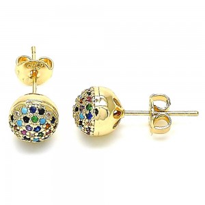 Gold Filled Stud Earring With Multicolor Micro Pave Polished Finish Golden Tone