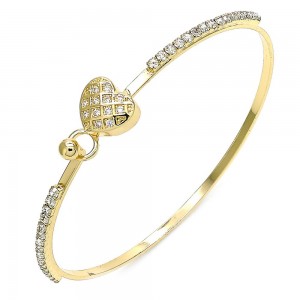 Gold Filled Individual Bangle Heart Design With White Micro Pave and White Crystal Polished Finish Golden Tone