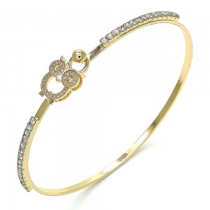 Gold Filled Individual Bangle Owl Design With White Micro Pave and White Crystal Polished Finish Golden Tone