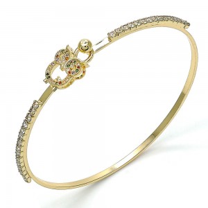 Gold Filled Individual Bangle Owl Design With Multicolor Micro Pave and White Crystal Polished Finish Golden Tone
