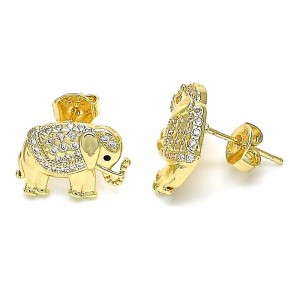 Gold Filled Stud Earrings Elephant Design With White and Black Micro Pave Polished Finish Golden Tone