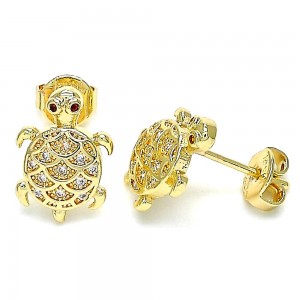 Gold Filled Stud Earring Turtle Design With White and Garnet Micro Pave Polished Finish Golden Tone