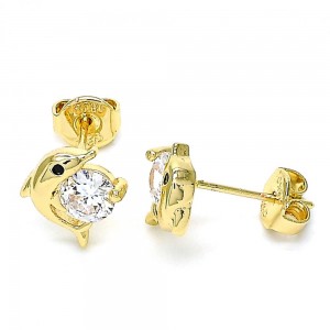 Gold Filled Stud Earrings Dolphin Design With White and Black Micro Pave Polished Finish Golden Tone