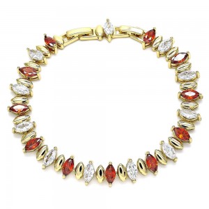 Gold Finish Tennis Bracelet with Garnet and White Cubic Zirconia Polished Golden Tone