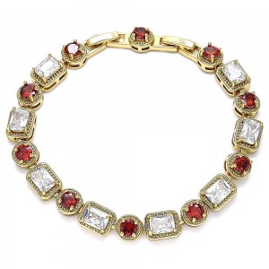 Gold Finish Tennis Bracelet with Garnet and White Cubic Zirconia Polished Golden Tone
