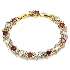 Gold Filled Tennis Bracelet with Garnet and White Cubic Zirconia Polished Golden Tone