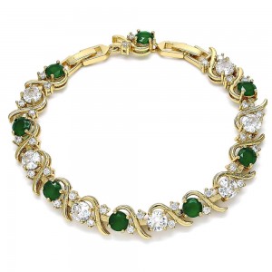 Gold Filled Tennis Bracelet with Emeral and White Cubic Zirconia Polished Golden Tone