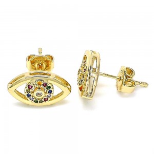 Gold Filled Stud Earrings With Multicolor Micro Pave Polished Finish Golden Tone