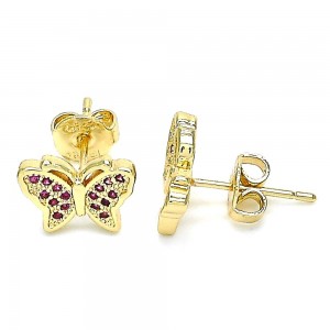 Gold Filled Stud Earrings Butterfly Design with Ruby Micro Pave Polished Golden Finish