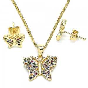 Gold Filled Earring and Pendant Set Butterfly Design with Multicolor Micro Pave Polished Golden Tone
