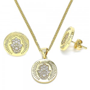 Gold Filled Earring and Pendant Set Hamsa Design With White Micro Pave Polished Finish Golden Tone