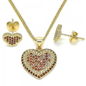 Gold Filled Earring and Pendant Set Heart Design With Garnet Micro Pave Polished Finish Golden Tone