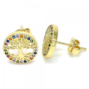 Gold Filled Stud Earring Tree Design With Multicolor Micro Pave Polished Finish Golden Tone