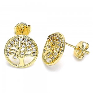 Gold Filled Stud Earrings Tree Design With White Micro Pave Polished Finish Golden Tone