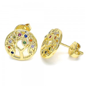 Gold Filled Pendant Earrings Tree Design with Multicolor Micro Pave Polished Finish Golden Tone