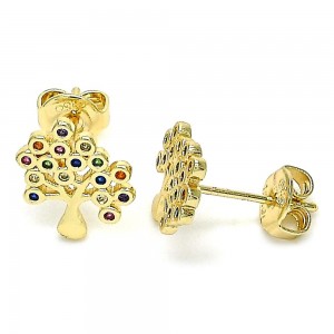 Gold Filled Stud Earring Tree Design With Multicolor Cubic Zirconia Polished Finish Golden Tone