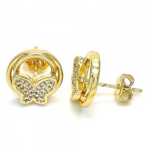 Gold Filled Stud Earrings Butterfly Design With White Micro Pave Polished Finish Golden Tone