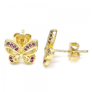 Gold Filled Butterfly Design Stud Earrings With Ruby Micro Pave Polished Finish Golden Tone