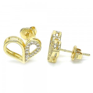 Gold Filled Stud Earring Heart Design With White Micro Pave Polished Finish Golden Tone