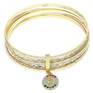 Gold Filled Semanario Bangle San Benito Design With Multicolor Crystal Polished Finish Tri Tone (02 MM Thickness, Size 6 - 2.75 Diameter)