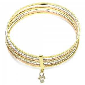 Gold Filled Semanario Bangle Hand of God Design With White Cubic Zirconia Diamond Cutting Finish Tri Tone (02 MM Thickness, Size 6 - 2.75 Diameter)