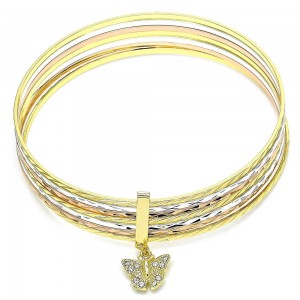 Gold Filled Semanario Bangle Butterfly Design With Garnet Crystal Diamond Cutting Finish Tri Tone (02 MM Thickness, Size 6 - 2.75 Diameter)