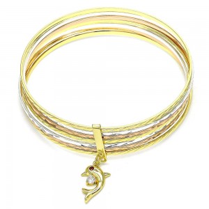 Gold Filled Semanario Bangle Dolphin Design With Garnet Crystal Diamond Cutting Finish Tri Tone (02 MM Thickness, Size 6 - 2.75 Diameter)