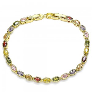 Gold Filled Tennis Bracelet with Multicolor Cubic Zirconia Polished Golden Tone