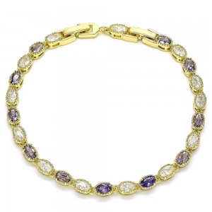 Gold Filled Tennis Bracelet with Amethyst and White Cubic Zirconia Polished Golden Tone
