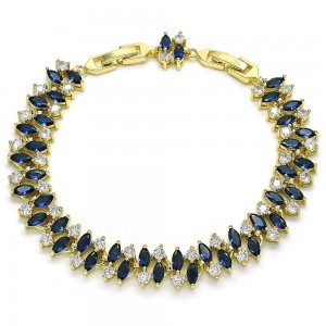 Gold Filled Tennis Bracelet With Sapphire Blue and White Cubic Zirconia Polished Finish Golden Tone
