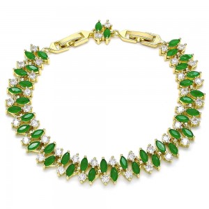 Gold Filled Tennis Bracelet With Green and White Cubic Zirconia Polished Finish Golden Tone