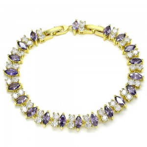 Gold Filled Tennis Bracelet With Amethyst and White Cubic Zirconia Polished Finish Golden Tone