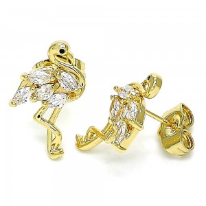 Gold Finish Stud Earring with White Cubic Zirconia Polished Golden Tone