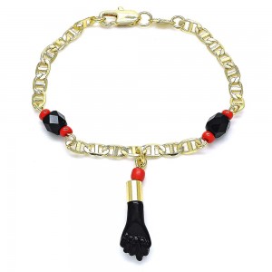 Gold Filled Baby Charm Bracelet Hand Design With Black and Orange Red Azavache, Polished Finish Golden Tone