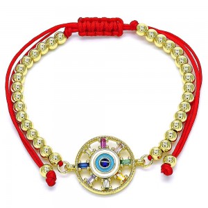 Gold Filled Adjustable Bolo Bracelet Ball and Greek Eye Design With Multicolor Cubic Zirconia Multicolor Enamel Finish Golden Tone