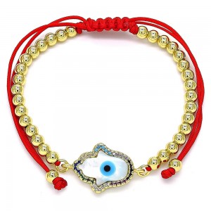 Gold Filled Adjustable Bolo Bracelet Hand Of God and Ball Design with Multicolor Micro Pave and White Mother of Pearl Polished Finish Golden Tone