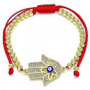 Gold Filled Adjustable Bolo Bracelet Hand of God and Greek Eye Design With White Micro Pave Blue Enamel Finish Golden Tone